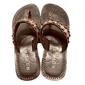 Roper Leather Western-Inspired Brown Striped Padded T-Strap Sandals Fits‎ SZ 7-8